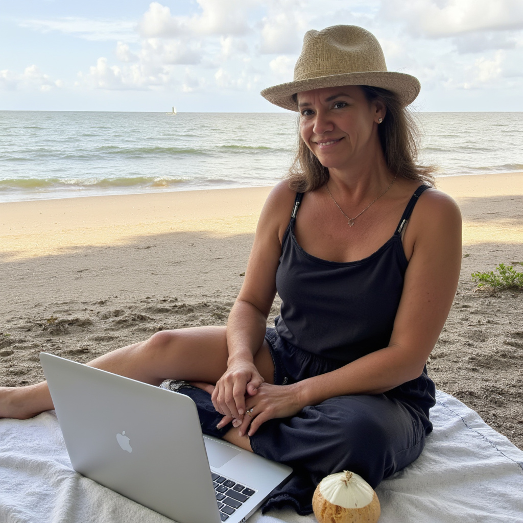 Woman seated on a beach with a laptop.