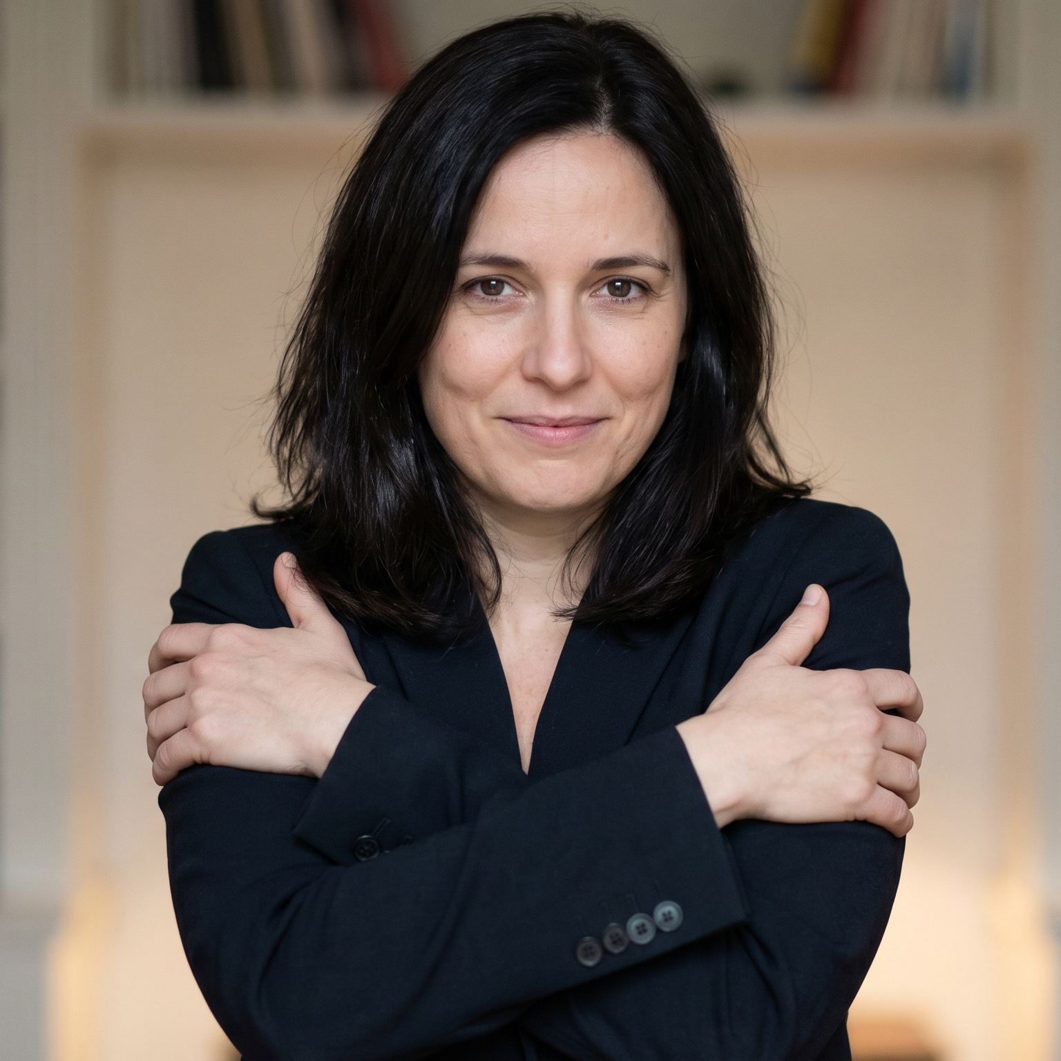 Dark-haired woman in a black blazer looking toward the camera.