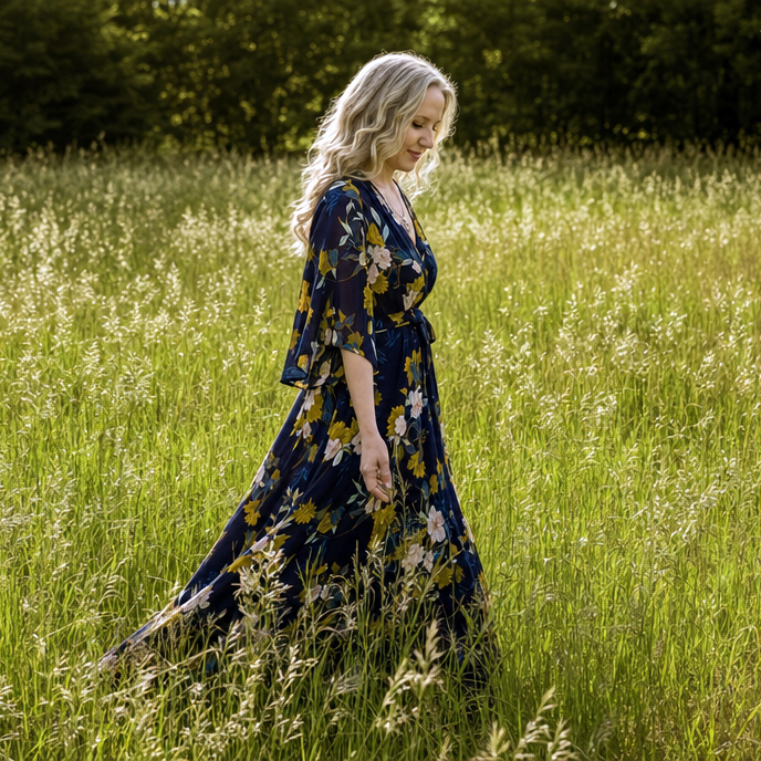 Woman walking through a sunlit field in a floral dress.