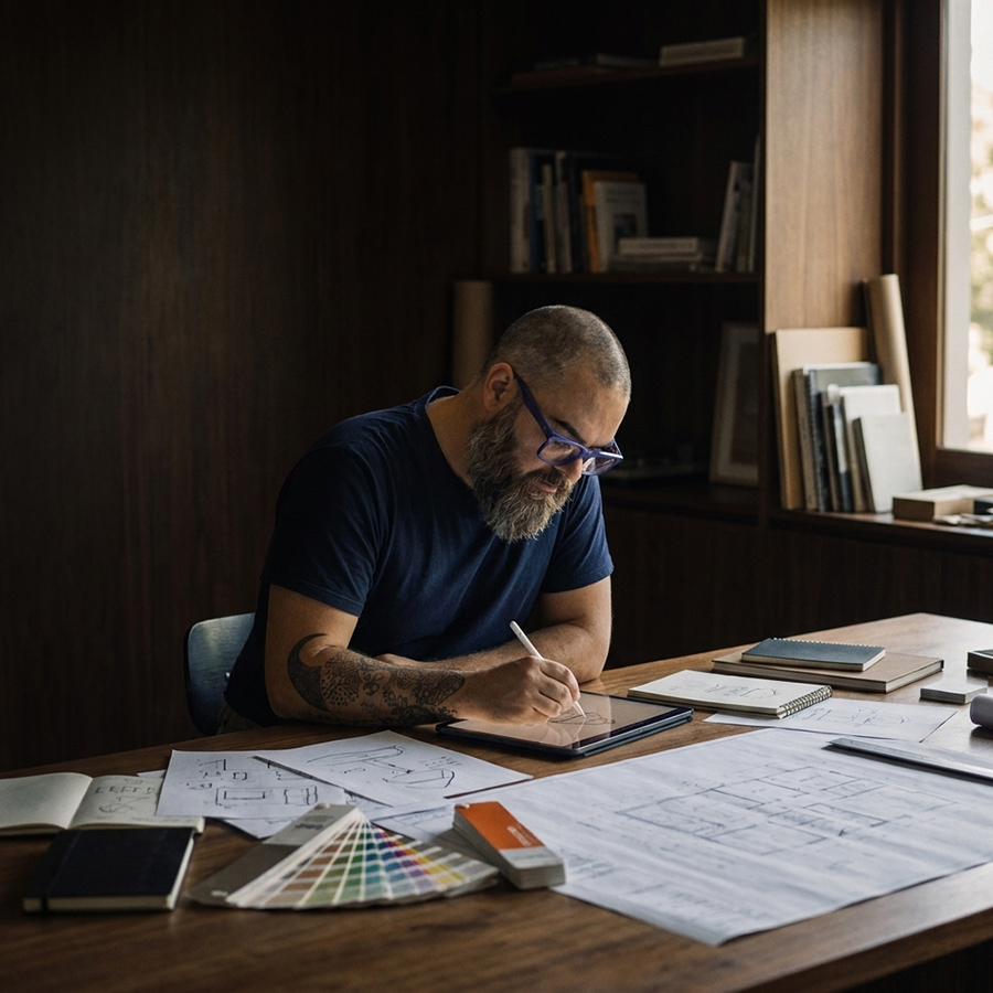Matt Hankerson working at a studio table with sketches, color swatches, and design notes.