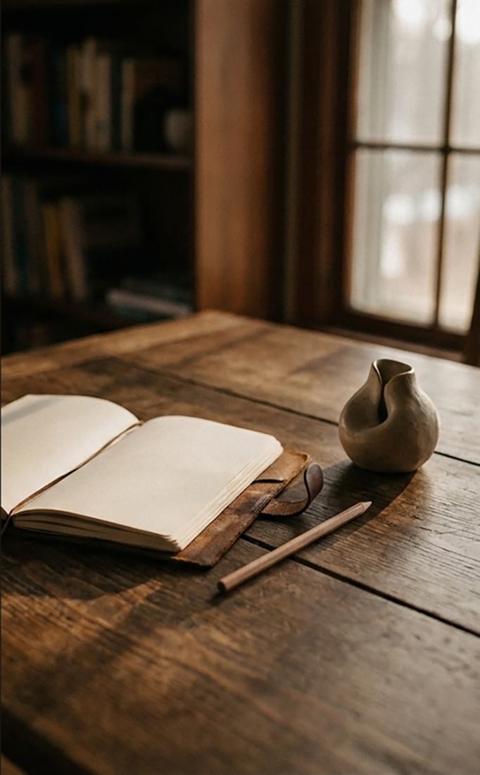 Open notebook, pencil, and ceramic vessel on a wooden studio table beside a window.