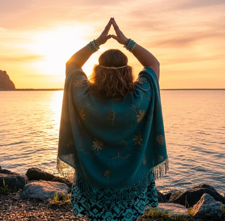 Woman raising her hands in a triangle shape at sunset by the water.